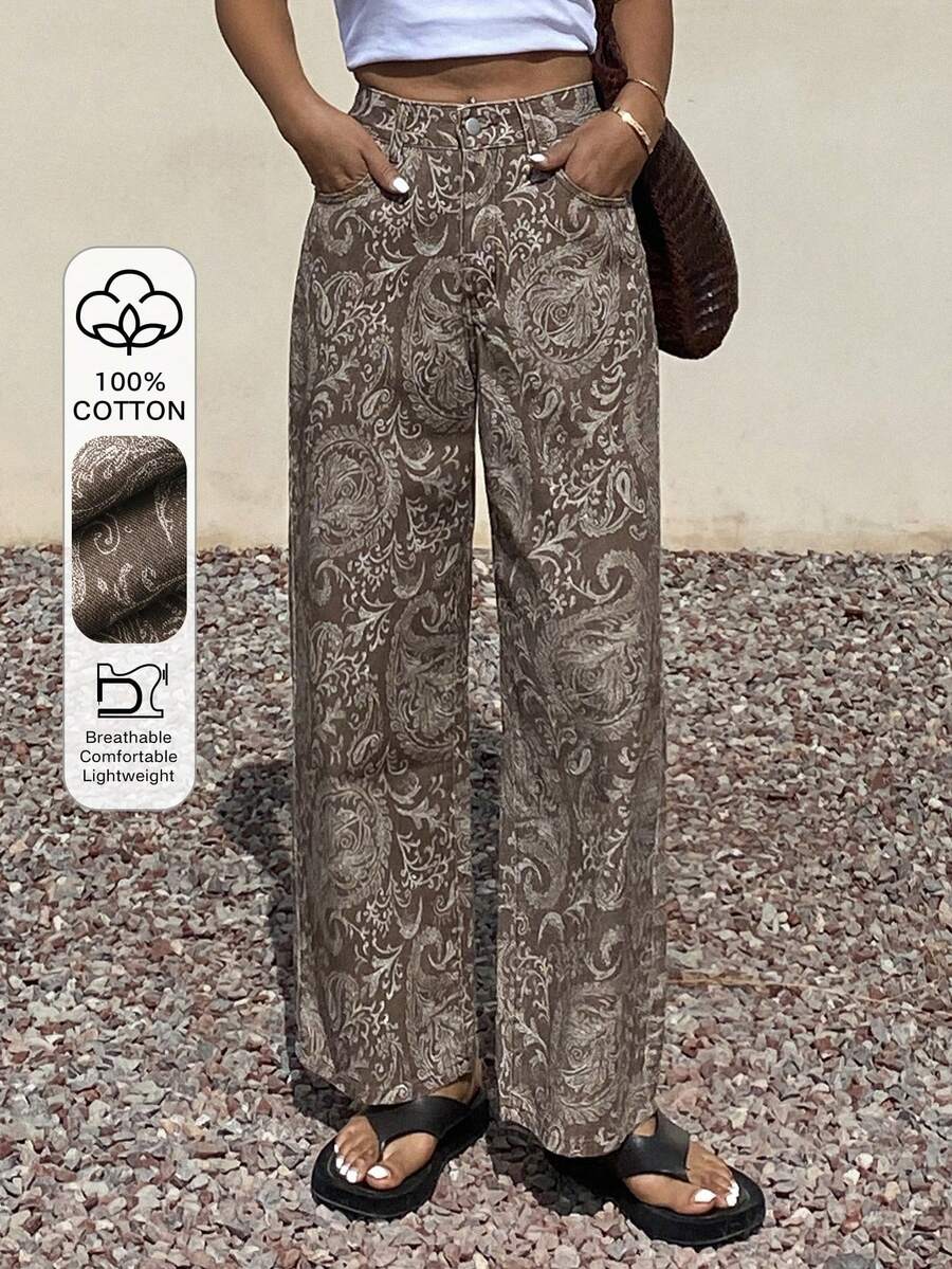 Calça Jeans De Cintura Alta Lavados De Pernas Largas
