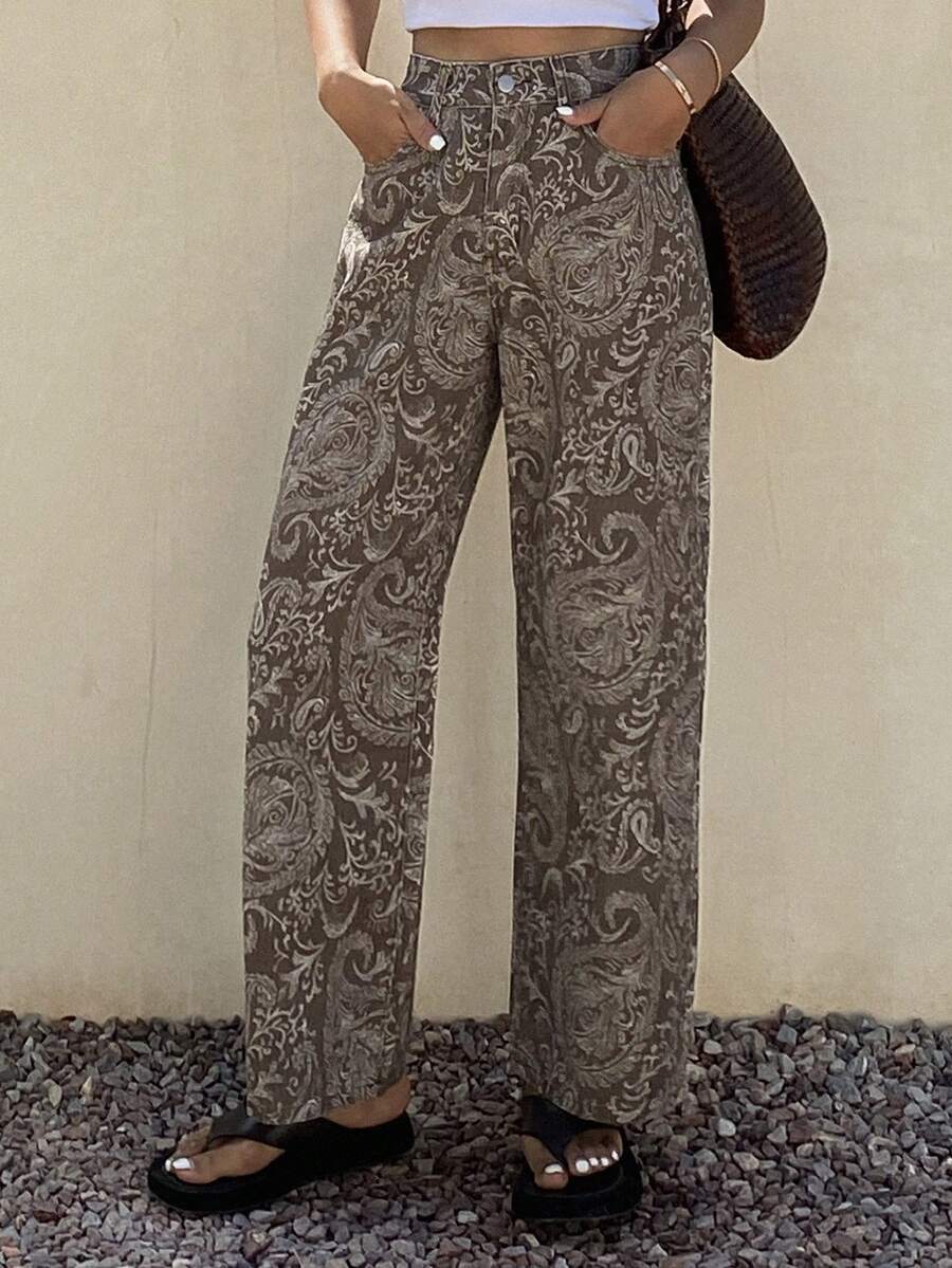 Calça Jeans De Cintura Alta Lavados De Pernas Largas