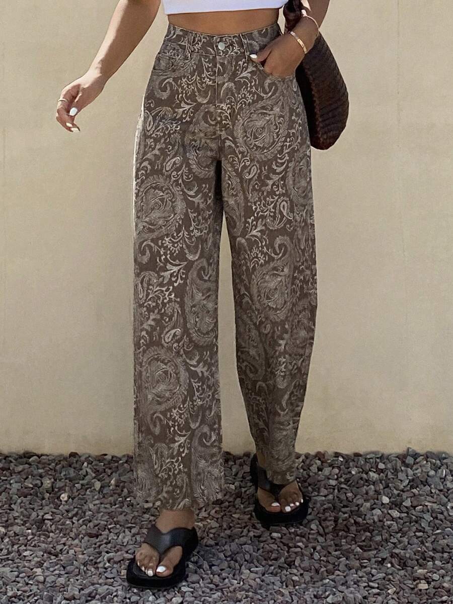 Calça Jeans De Cintura Alta Lavados De Pernas Largas