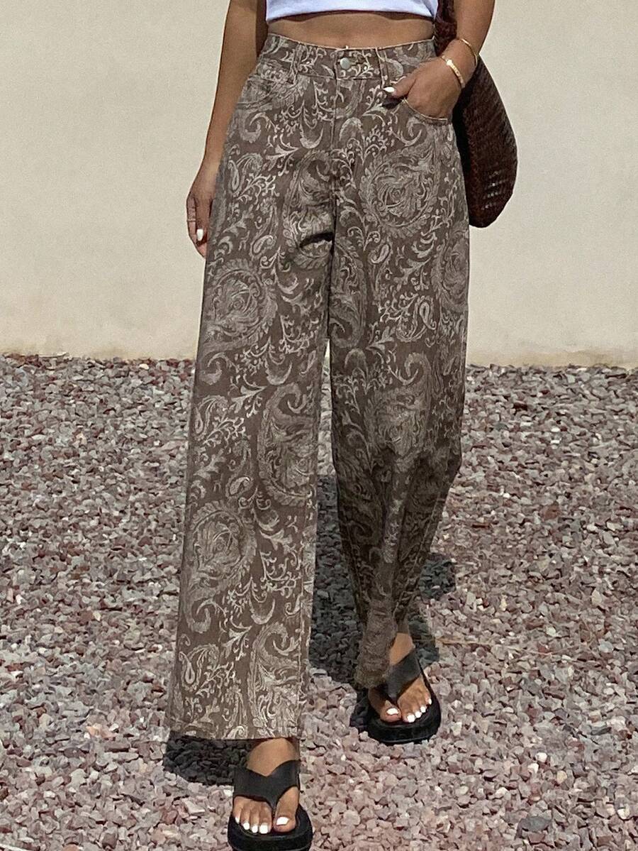Calça Jeans De Cintura Alta Lavados De Pernas Largas