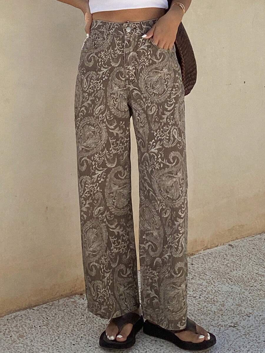 Calça Jeans De Cintura Alta Lavados De Pernas Largas