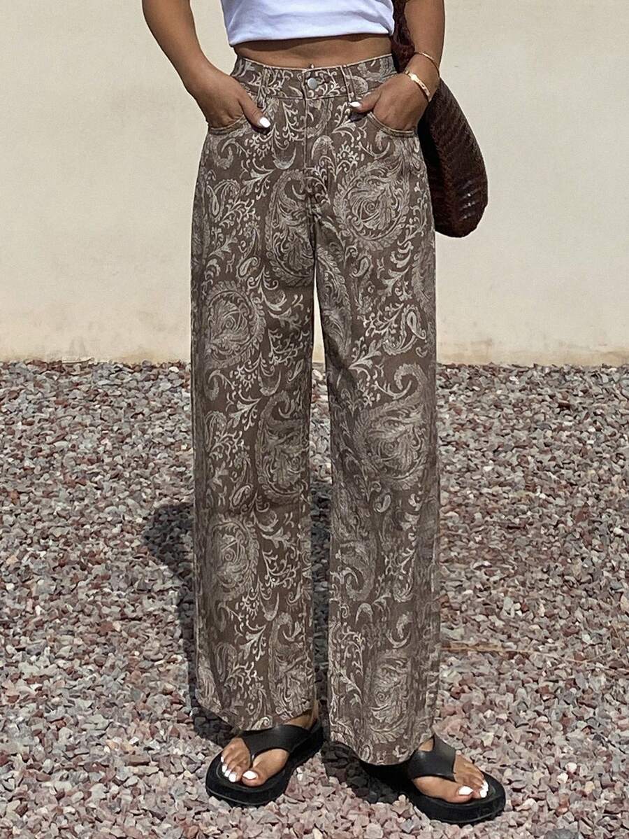 Calça Jeans De Cintura Alta Lavados De Pernas Largas