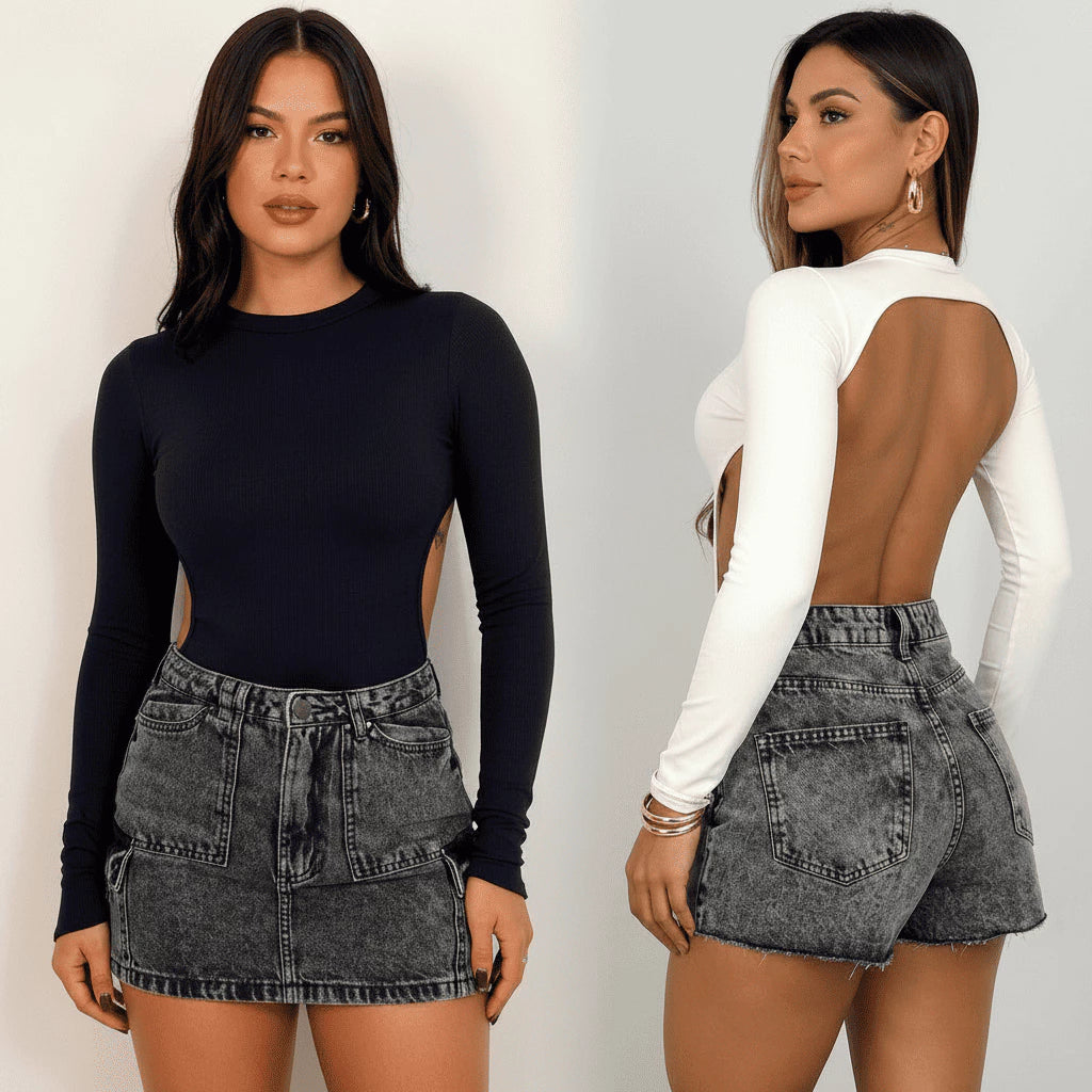 Body Feminino Manga Longa Costas Aberta