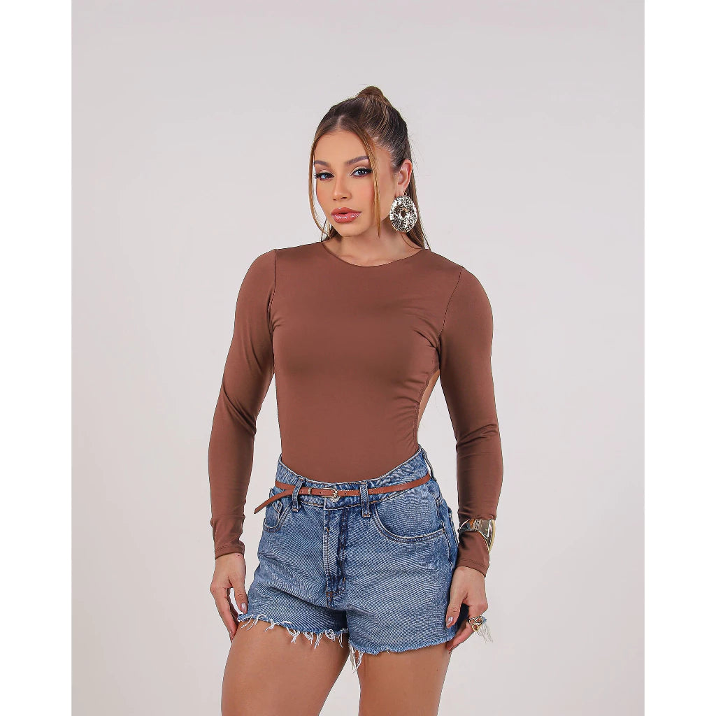 Body Feminino Manga Longa Costas Aberta