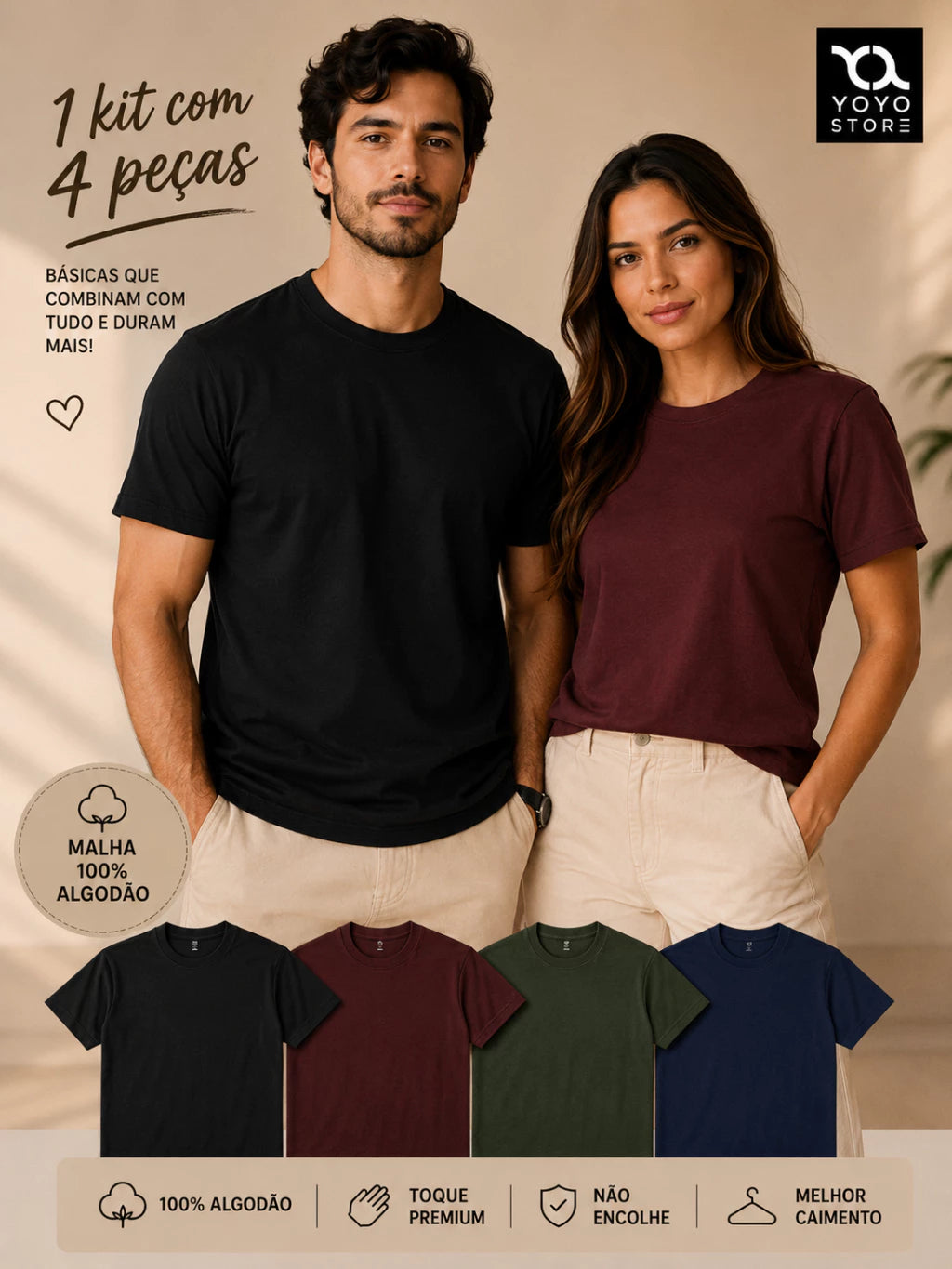 Kit 4 Camiseta Dia a Dia 100% Algodão Básica Premium