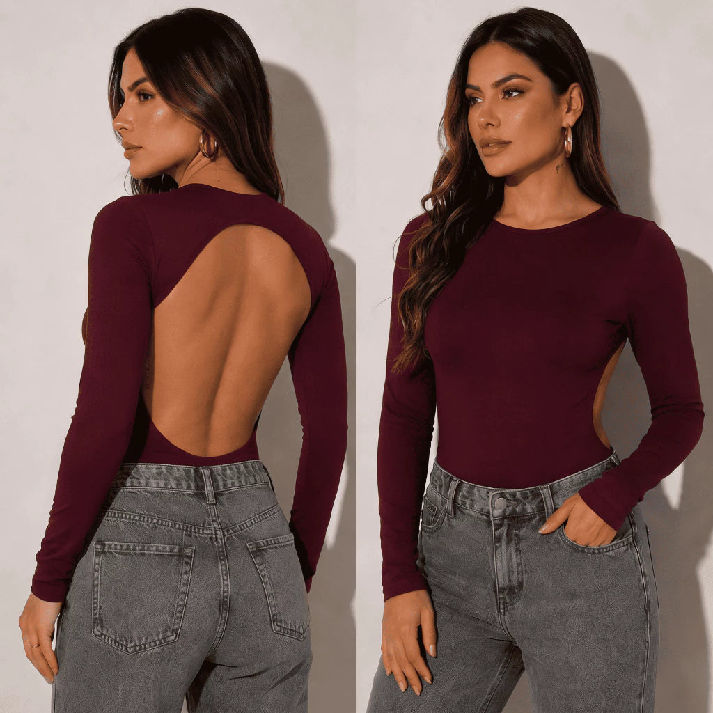Body Feminino Manga Longa Costas Aberta