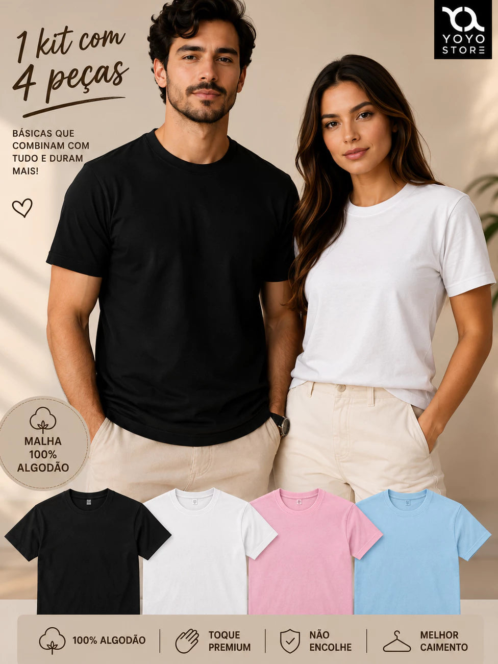 Kit 4 Camiseta Dia a Dia 100% Algodão Básica Premium